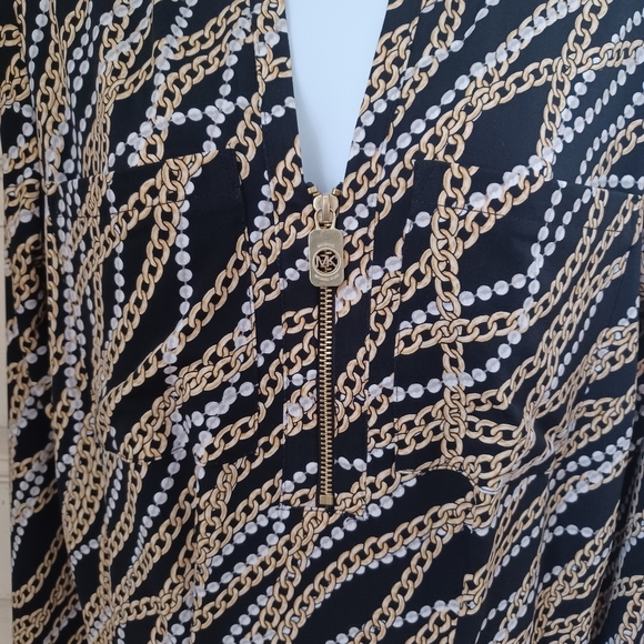 MICHAEL KORS Black Gold White Zipper Chain Link Print 3/4 Ruched Sleeve Top, M - Picture 4 of 8